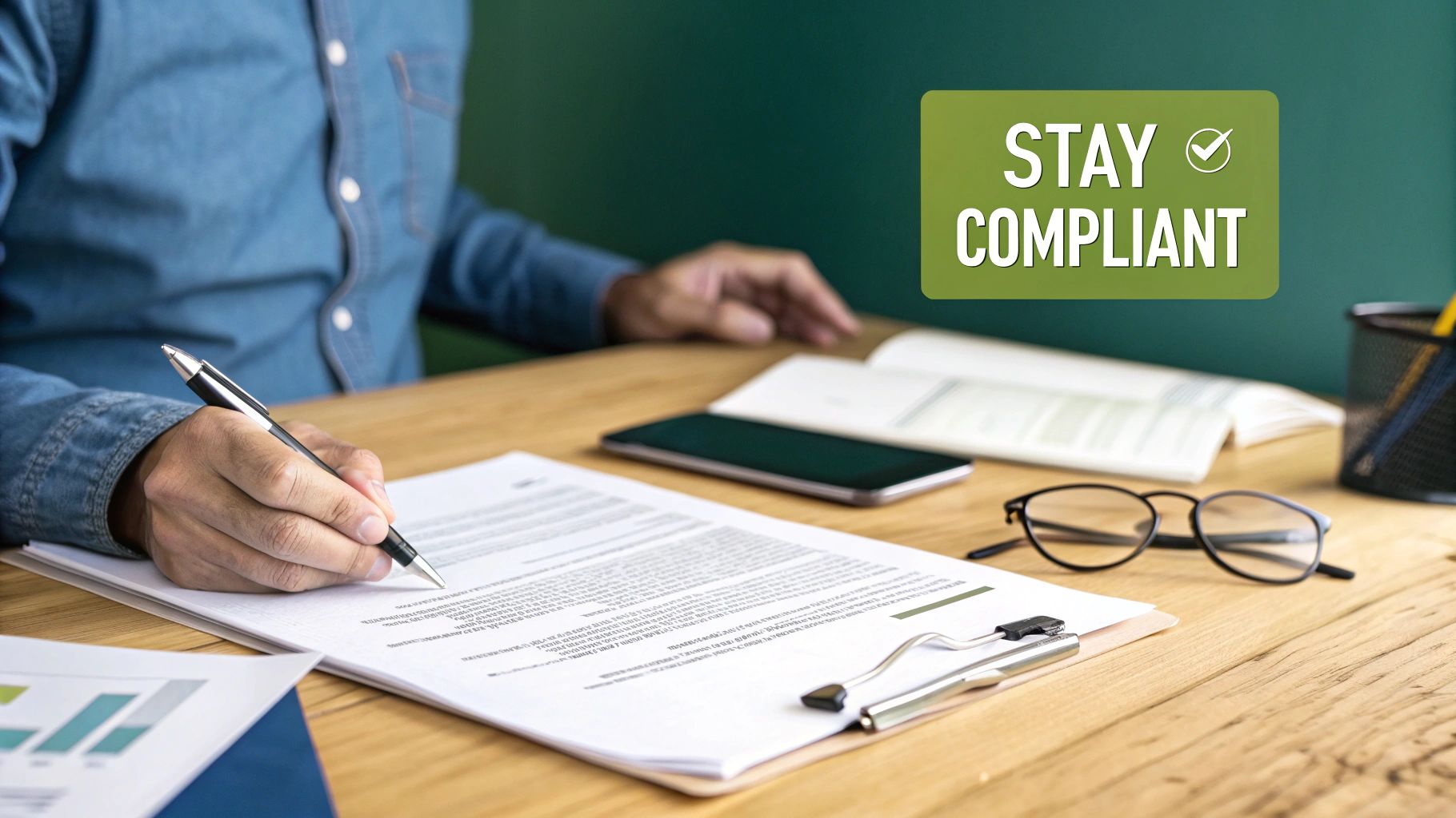 A person in a denim shirt writes on documents on a wooden desk, with a 'STAY COMPLIANT' sign.