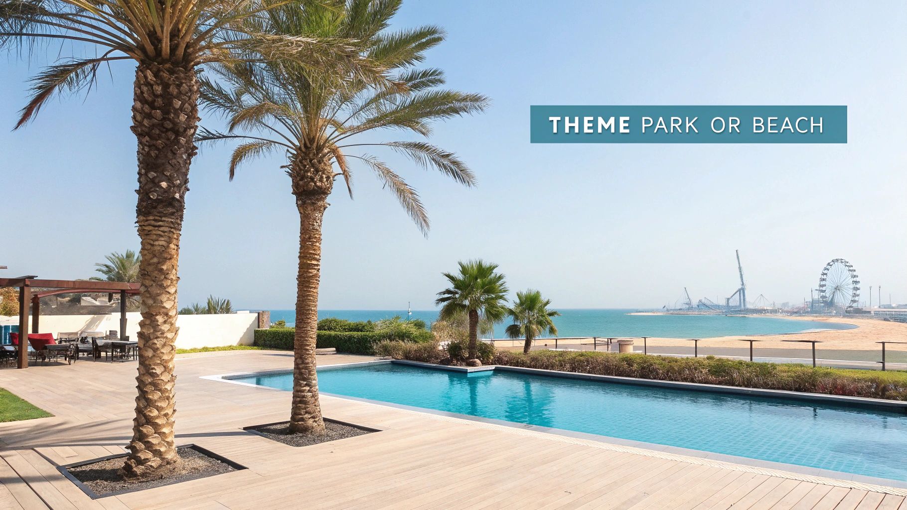 A luxury resort with a swimming pool, palm trees, and a beach, with a theme park visible in the distance.