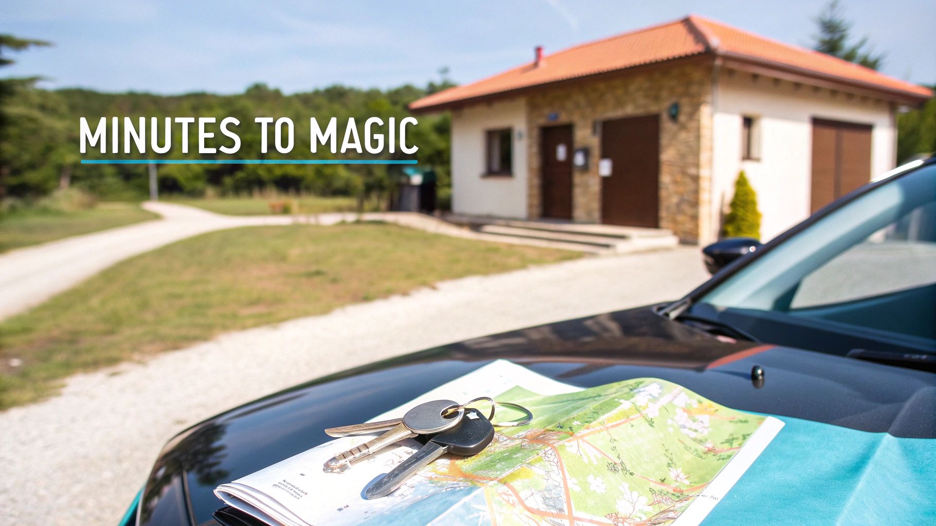 Keys and a map on a car's hood, indicating arrival at a house, with 'Minutes to Magic' text.
