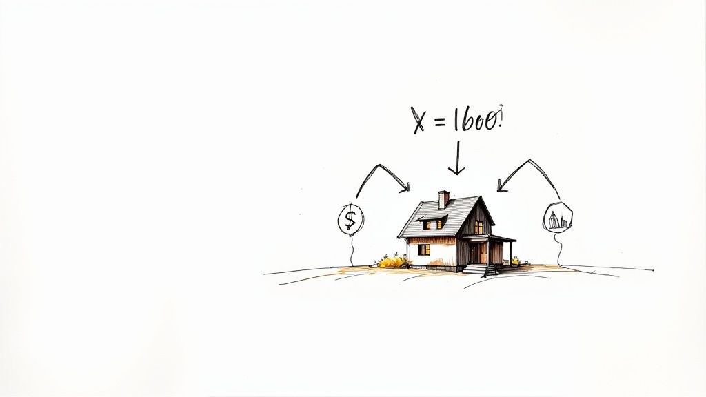 A person using a calculator with property keys and a model house nearby, illustrating financial planning for a short-term rental.