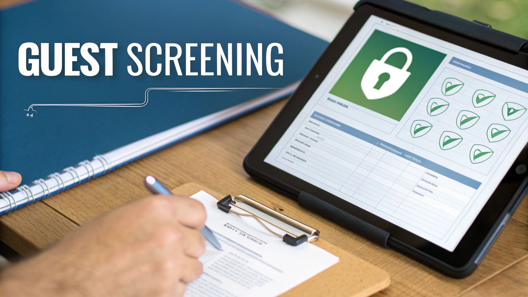 A person is shown performing guest screening using a tablet with a lock icon and a clipboard.