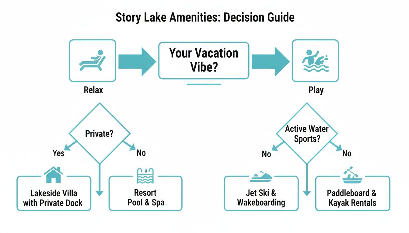 A decision guide flowchart for Story Lake amenities, offering options for relaxation or play activities.