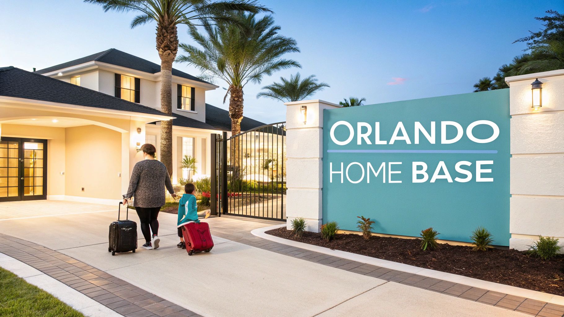 Family arriving with luggage at the Orlando Home Base resort entrance with palm trees.
