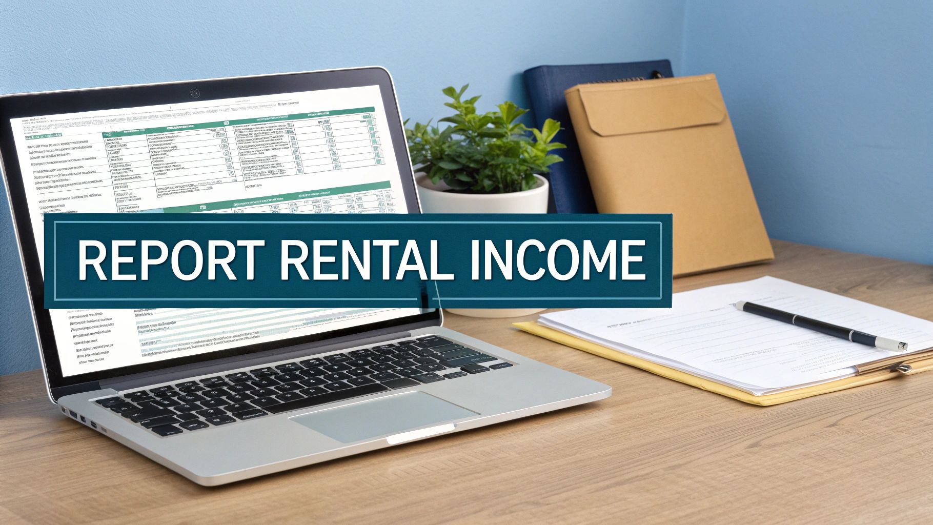 A laptop showing a spreadsheet on a desk, with a blue banner overlay stating 'REPORT RENTAL INCOME', next to documents and a plant.
