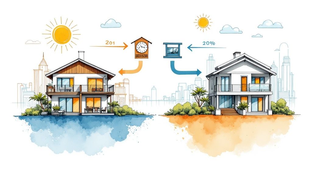 A split-screen image showing a bustling city skyline on one side and a serene coastal town on the other, representing different short-term rental markets.