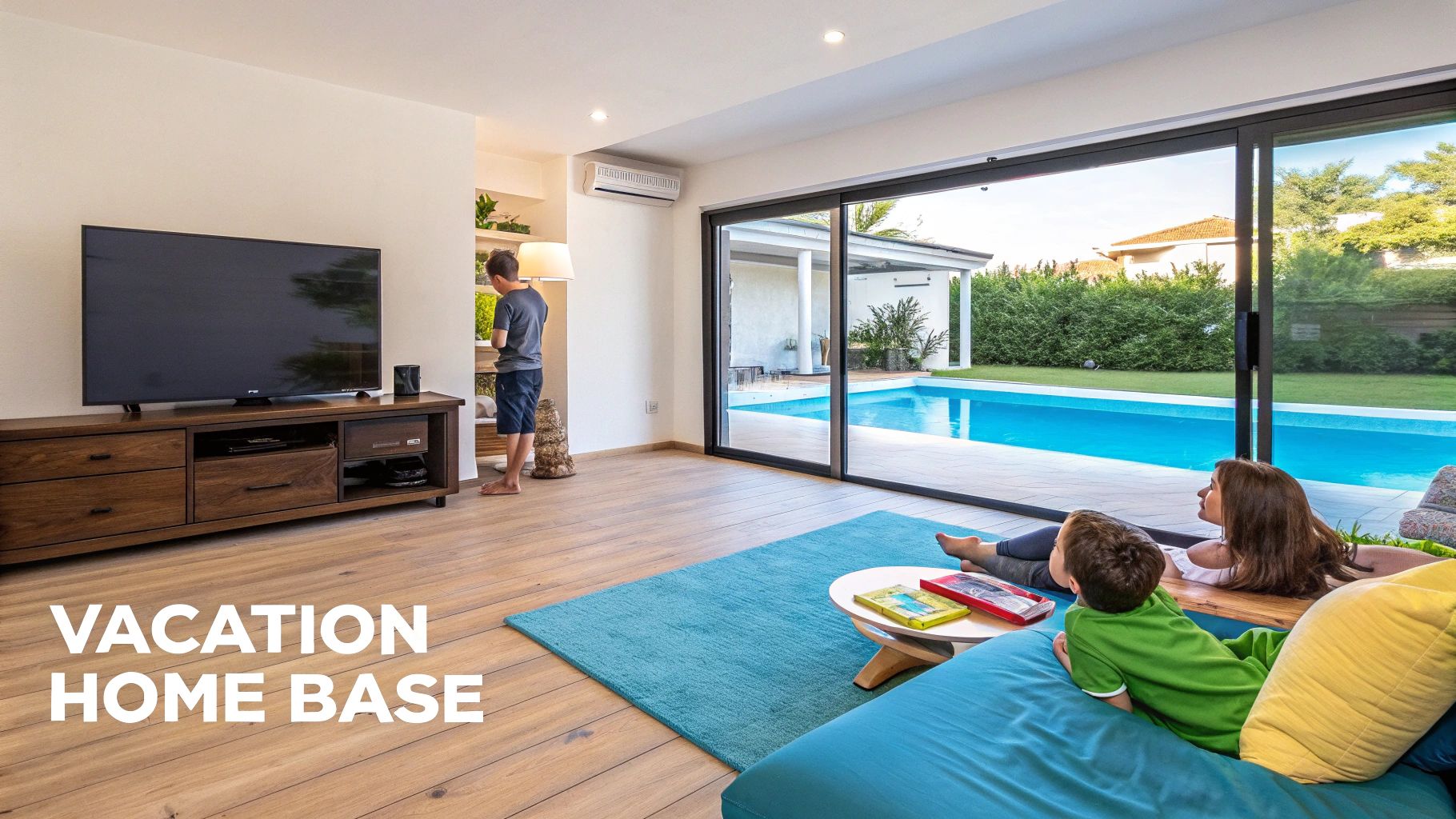A bright living room in a modern vacation home with a TV and a swimming pool view.