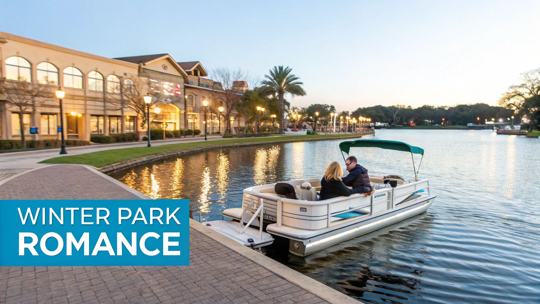 A couple enjoys a romantic boat ride on a canal lined with shops and streetlights at sunset.