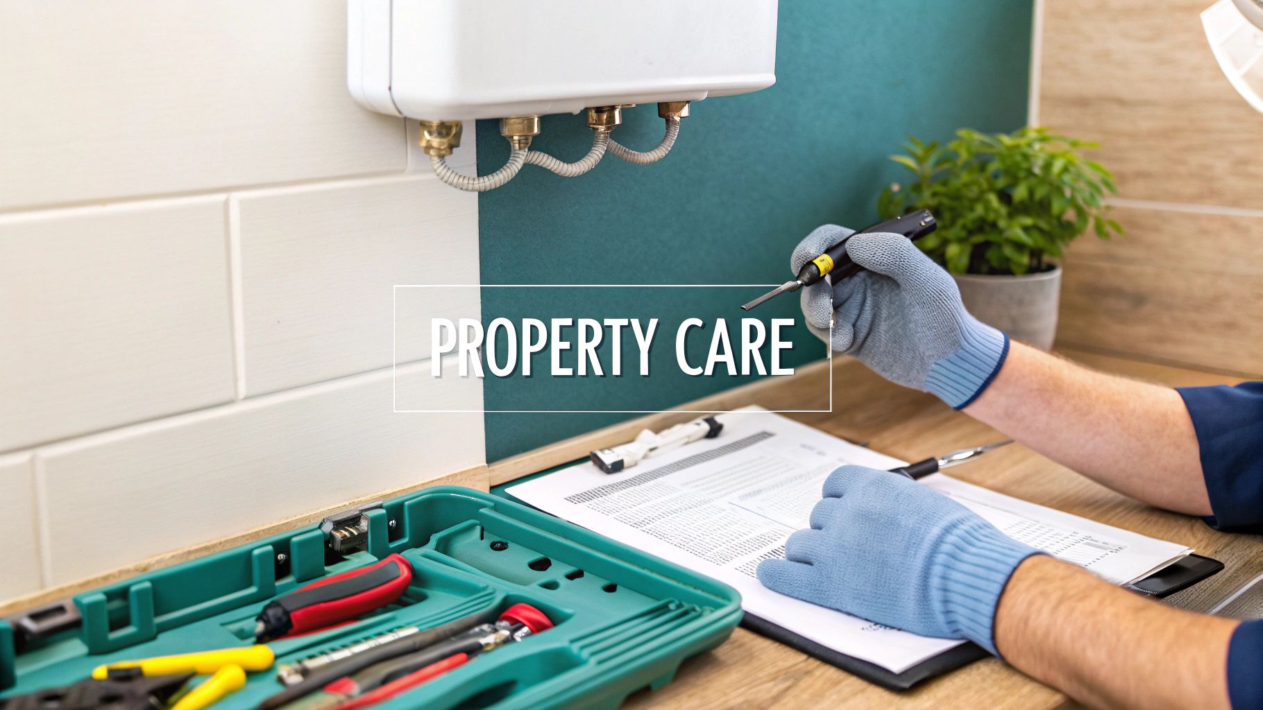 Gloved hands of a technician working on property care, with tools, documents, and a water heater.