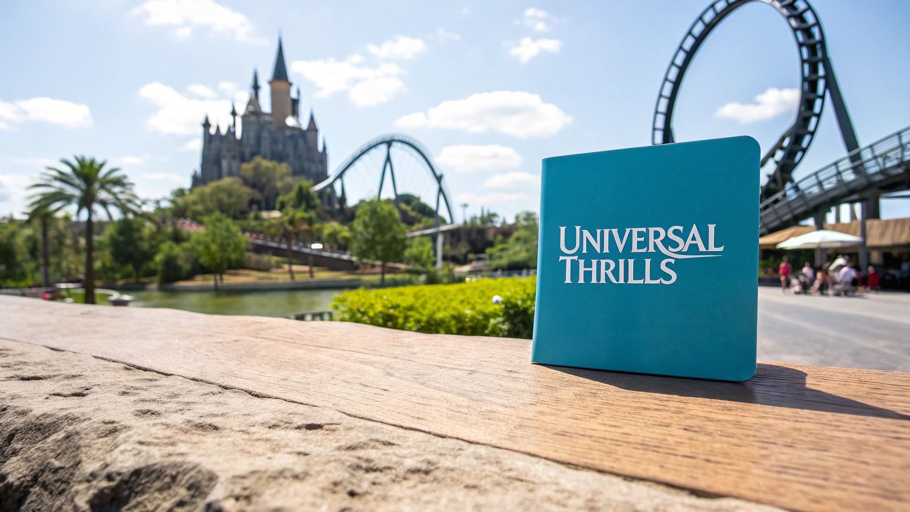 A blue 'Universal Thrills' book on a wooden surface in a sunny theme park.