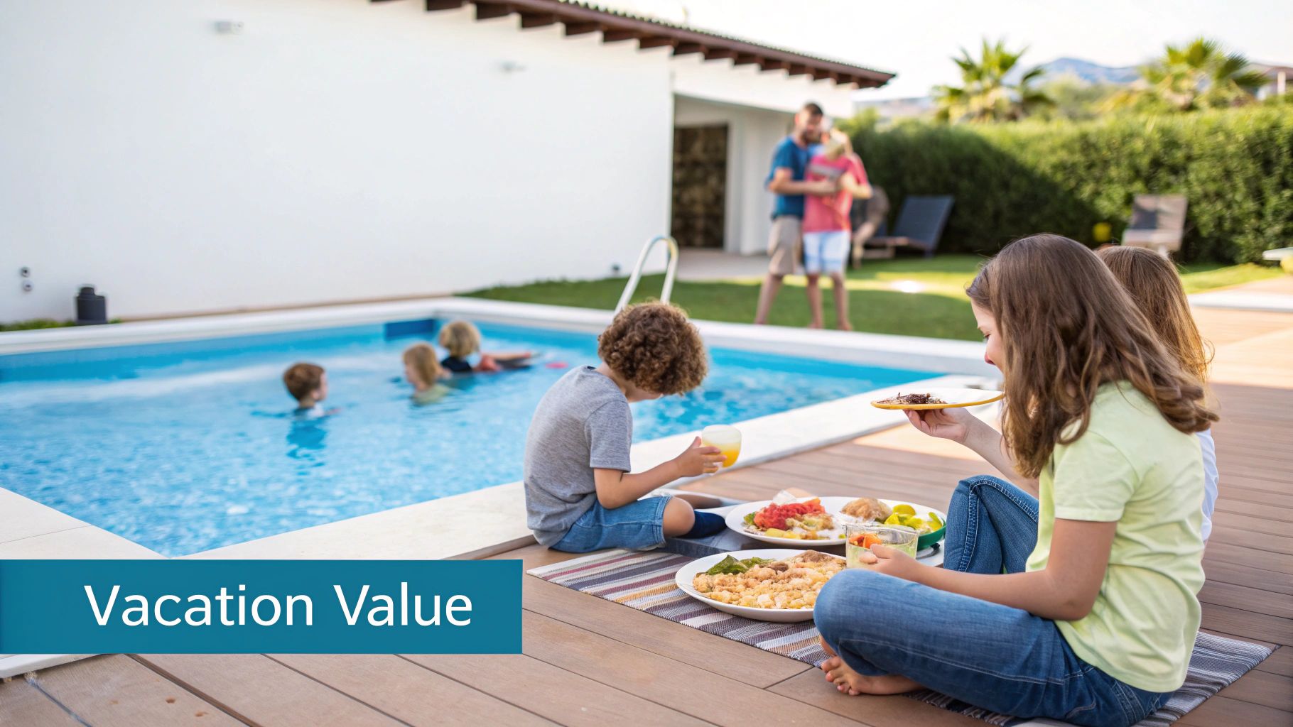 Family enjoying a sunny vacation day with kids swimming and eating by a private pool.