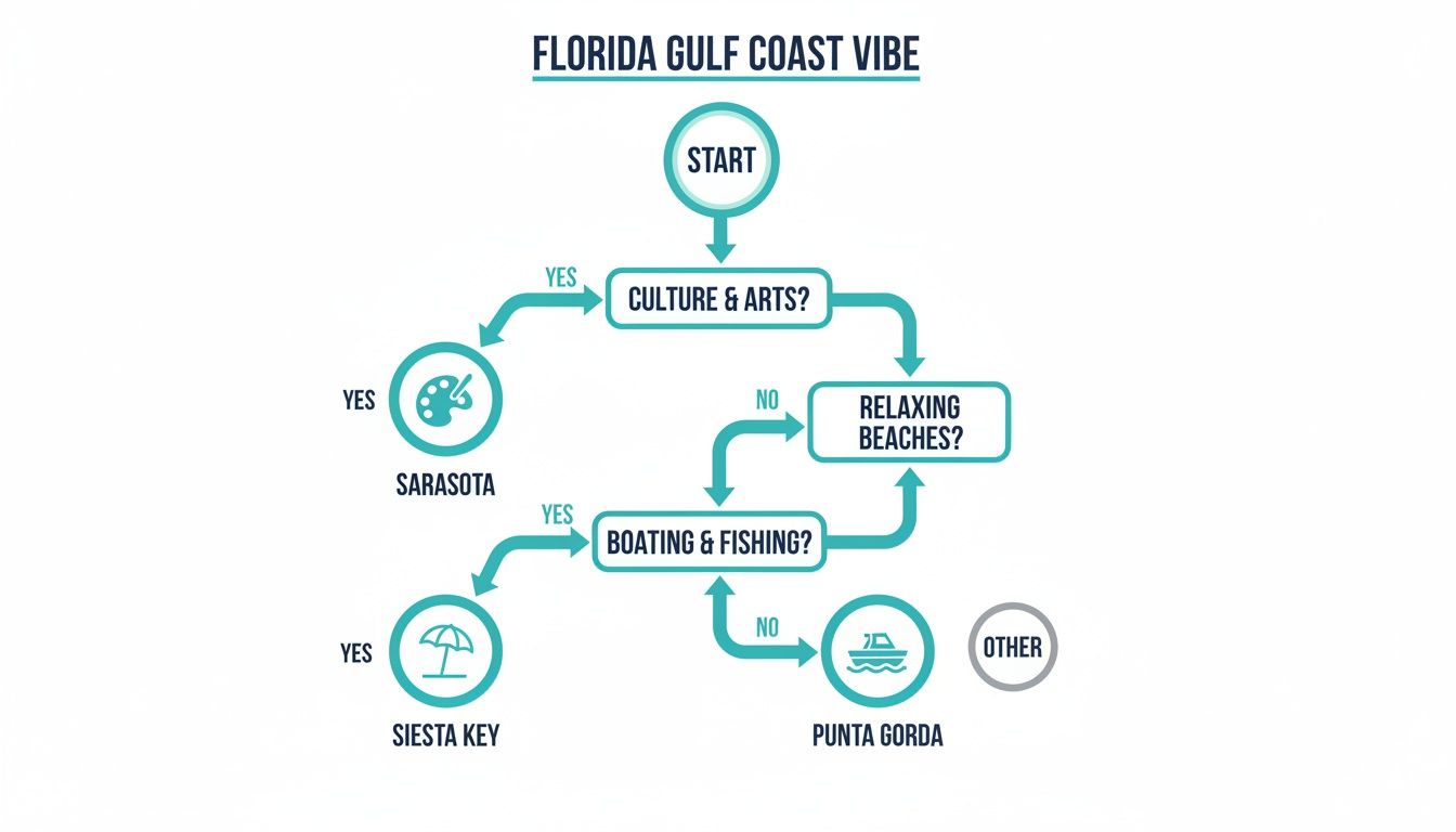 Flowchart guiding vacation choices on Florida's Gulf Coast, suggesting destinations like Sarasota, Siesta Key, and Punta Gorda.