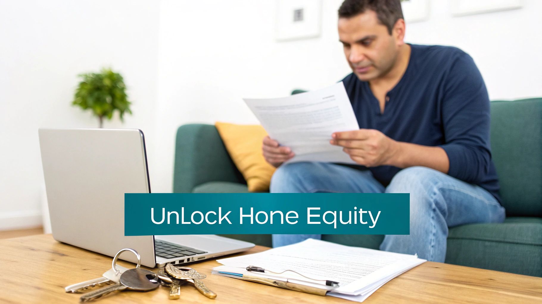 A man reads financial documents on a couch, with a laptop, keys, and an 'UnLock Hone Equity' banner.