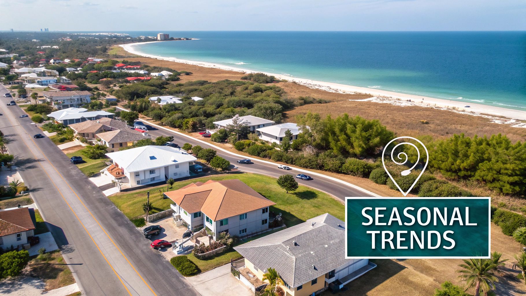 Aerial view of a vibrant coastal town featuring houses, a road, beach, and ocean with 'SEASONAL TRENDS' graphic.