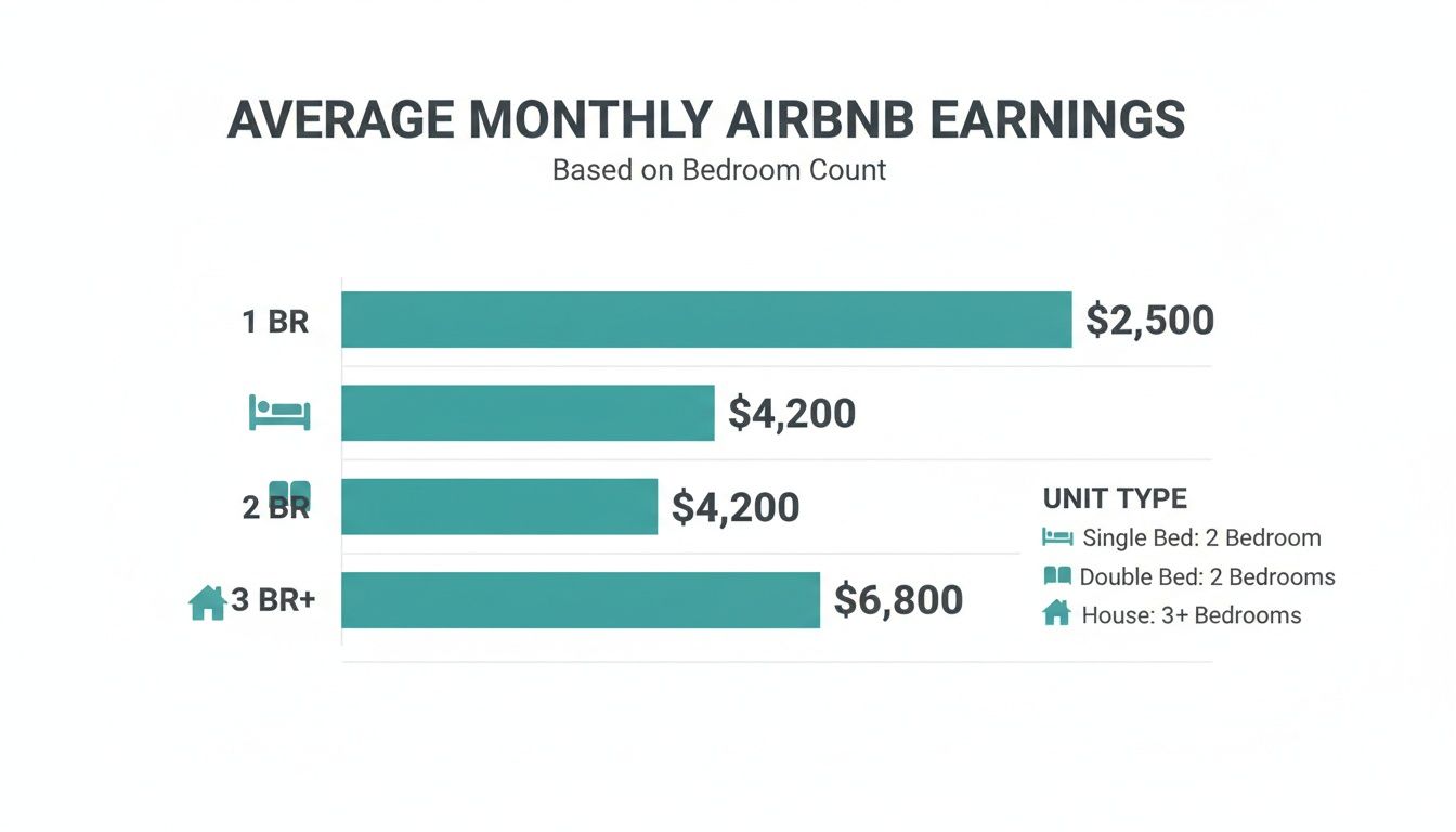 Average monthly Airbnb earnings by unit type: 1 BR, 2 BR (single/double bed), and 3 BR+.