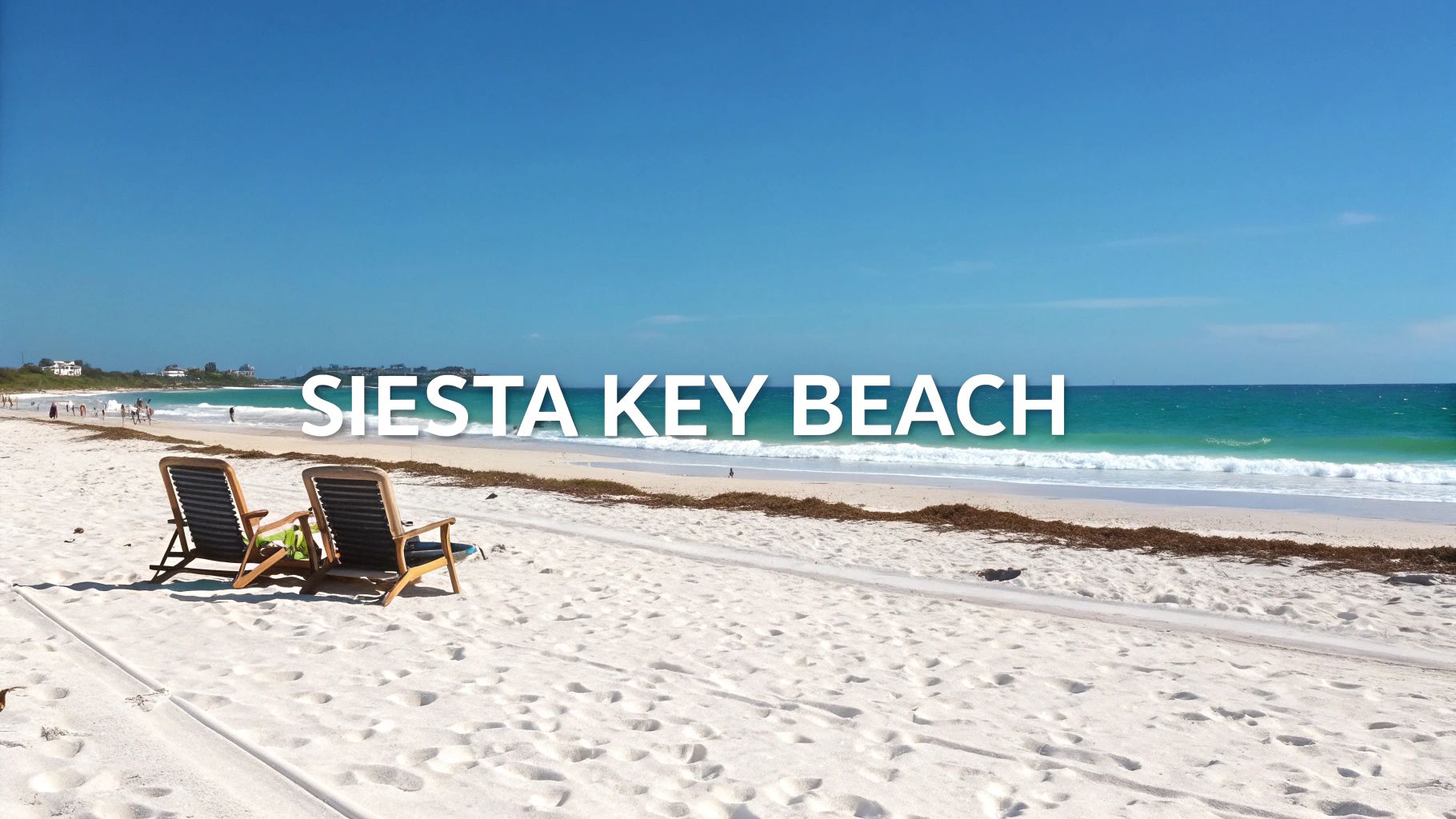 Two empty beach chairs on the white sand of Siesta Key Beach under a clear blue sky.