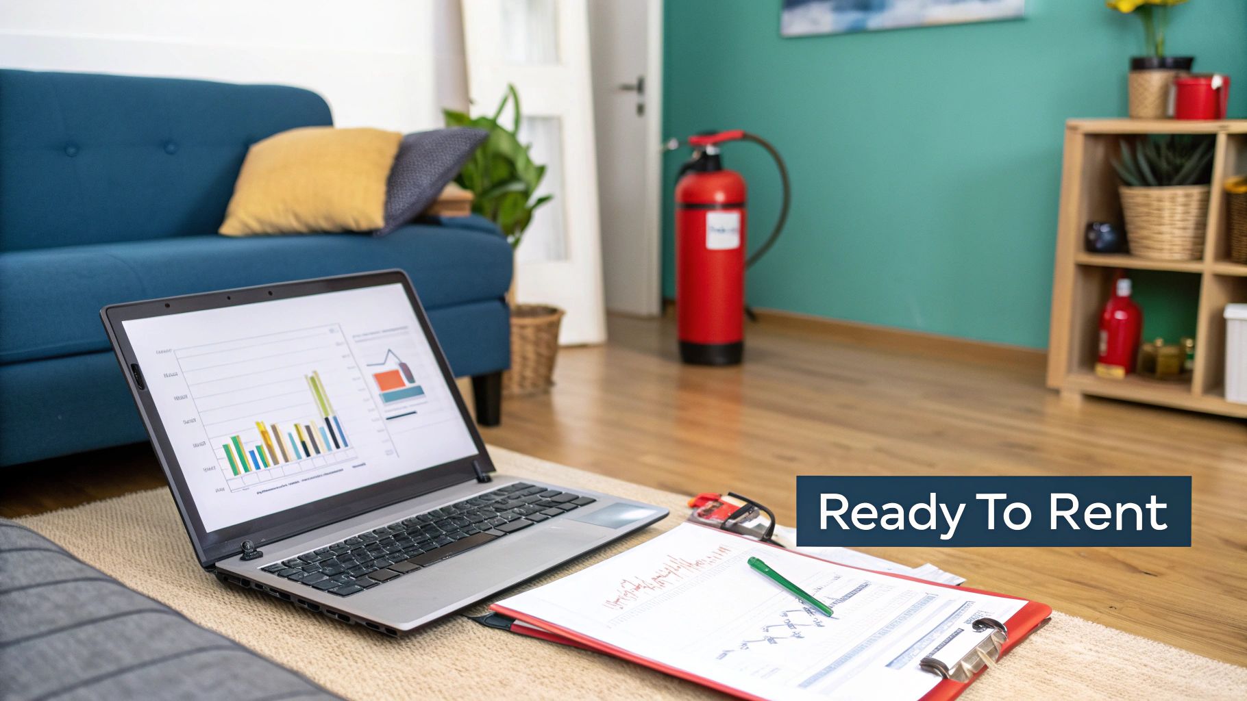A laptop showing financial charts, a clipboard, and glasses on a rug in a modern living room, with a 'Ready To Rent' overlay.