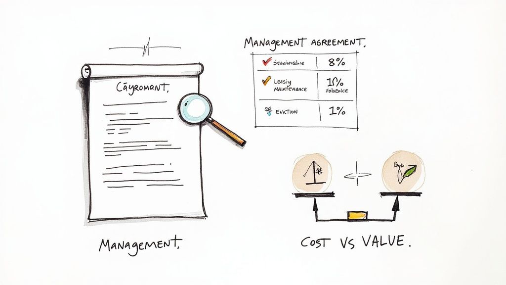 People reviewing a property management contract and financial documents