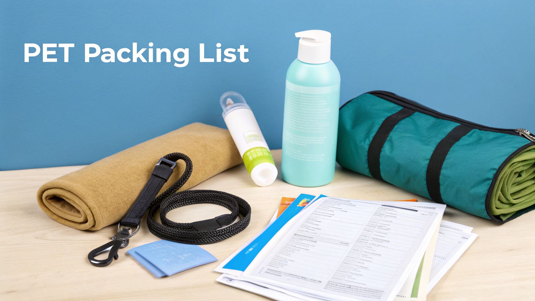 A pet packing list with a leash, towel, shampoo, spray, travel mat, and documents on a table.
