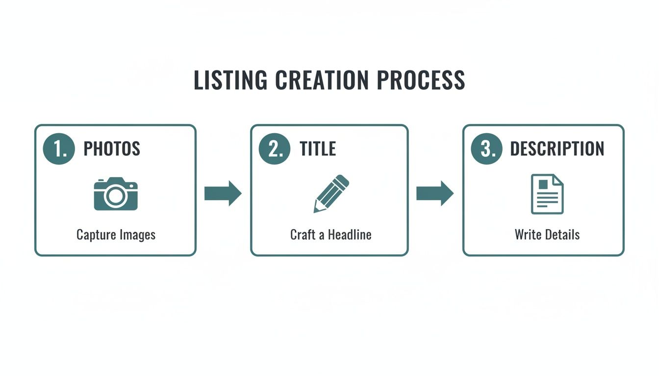 A diagram illustrating a three-step listing creation process: Photos, Title, and Description.