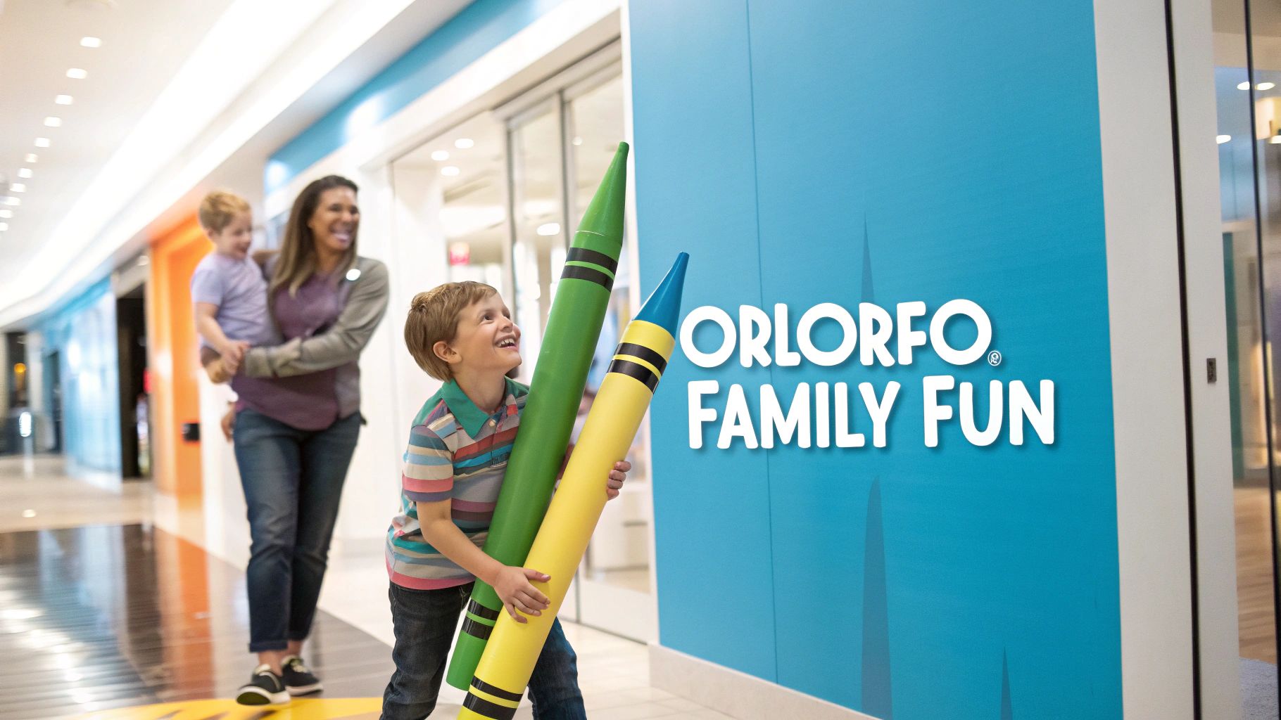 A happy boy holds large green and yellow crayons next to a "ORLORFO FAMILY FUN" sign, with a mother and child in the background.