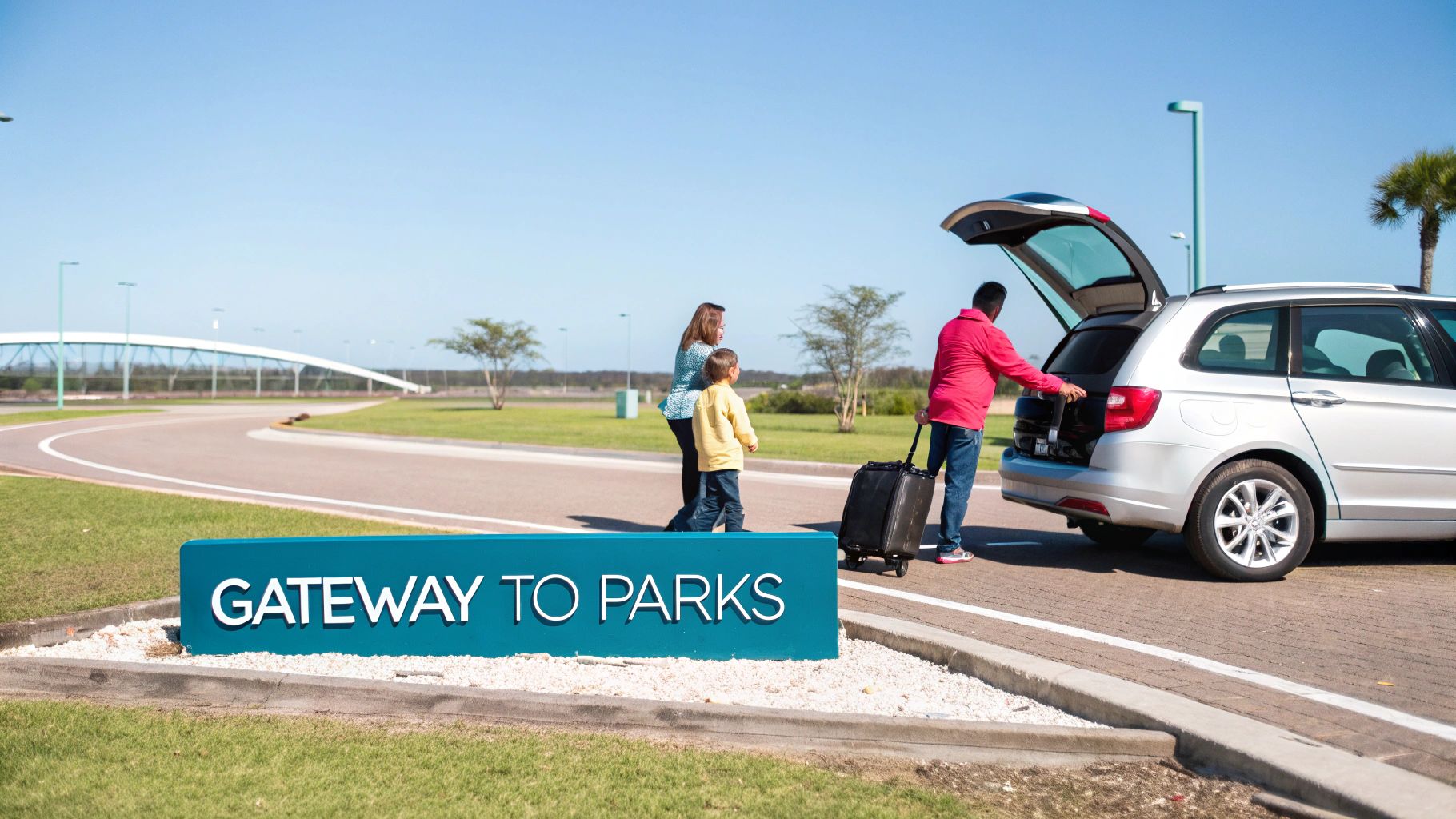 A family loads luggage into a silver car near a "GATEWAY TO PARKS" sign, ready for adventure.