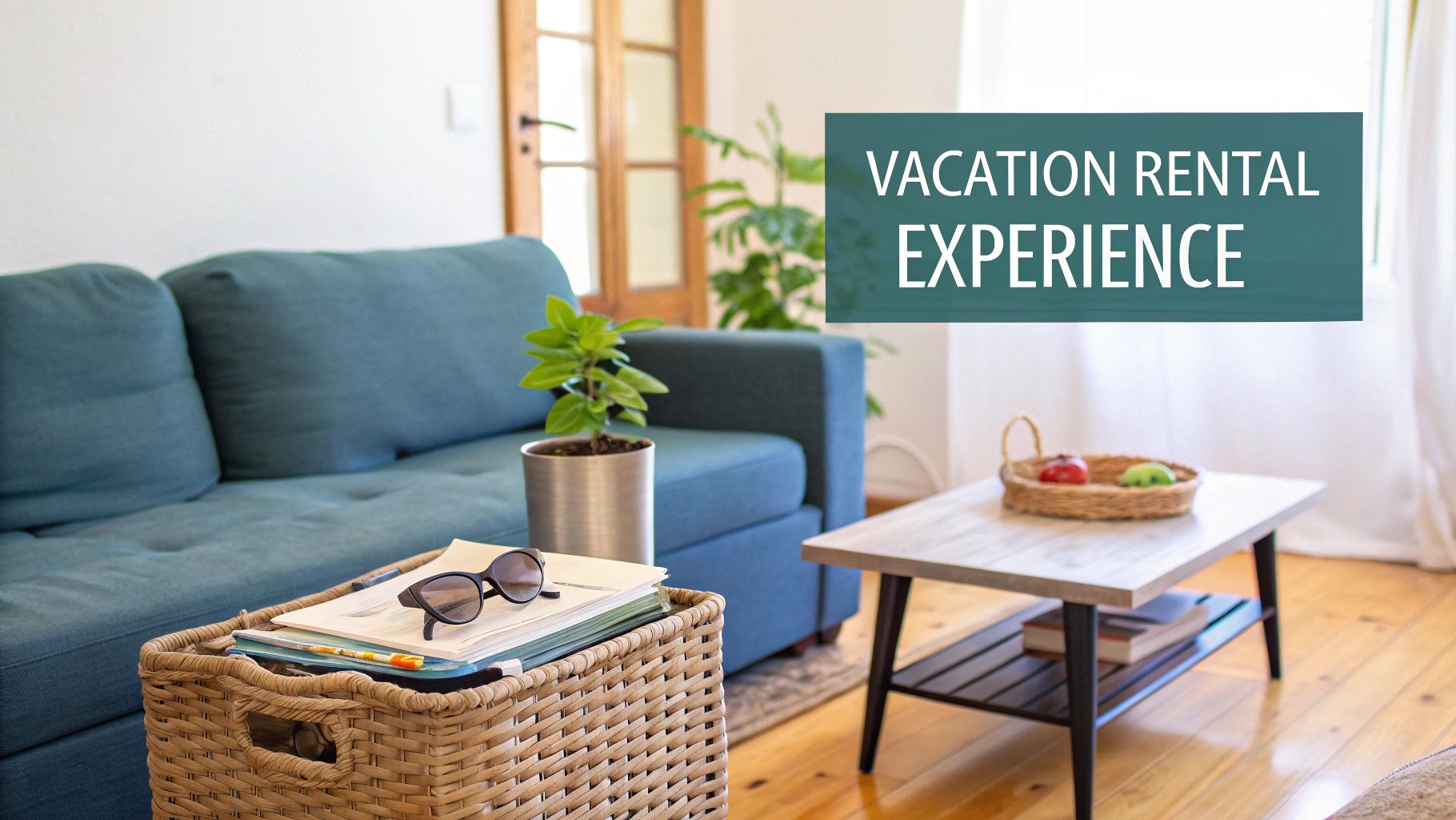 A cozy living room interior with a teal sofa, coffee table, and plants, highlighting a vacation rental experience.