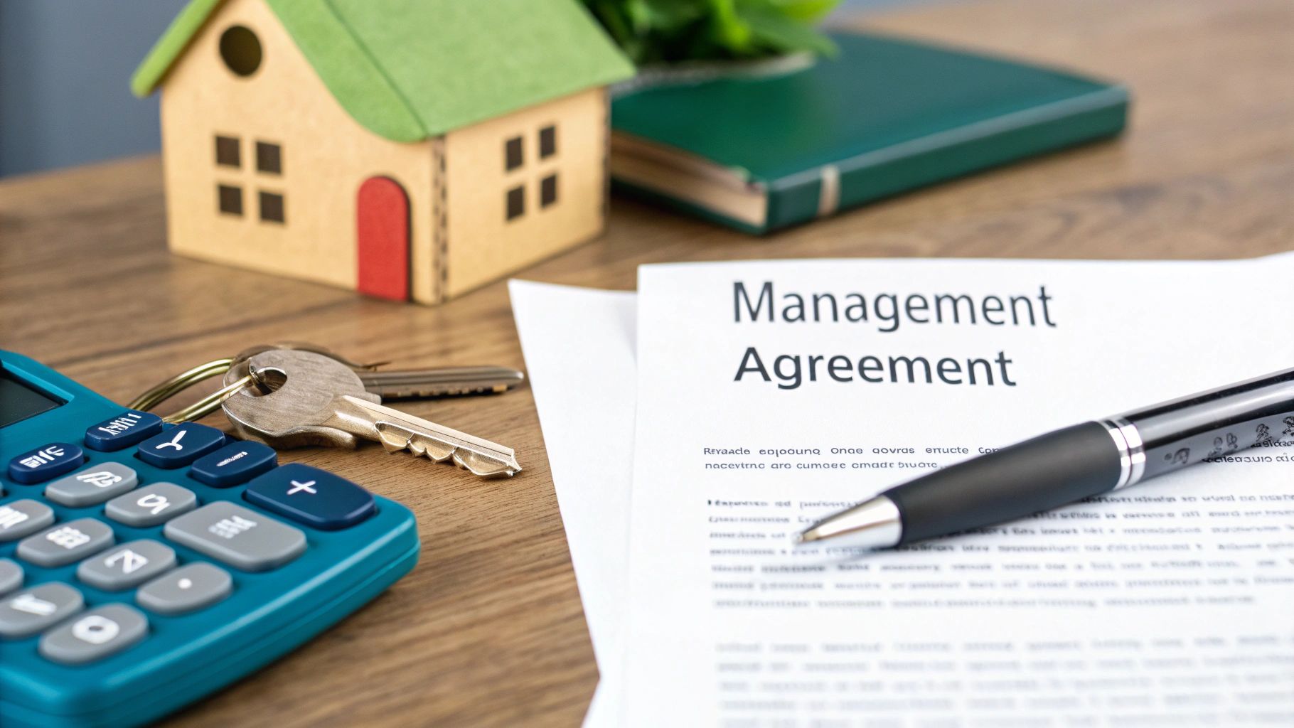 A management agreement document, house model, keys, calculator, and pen on a wooden desk.