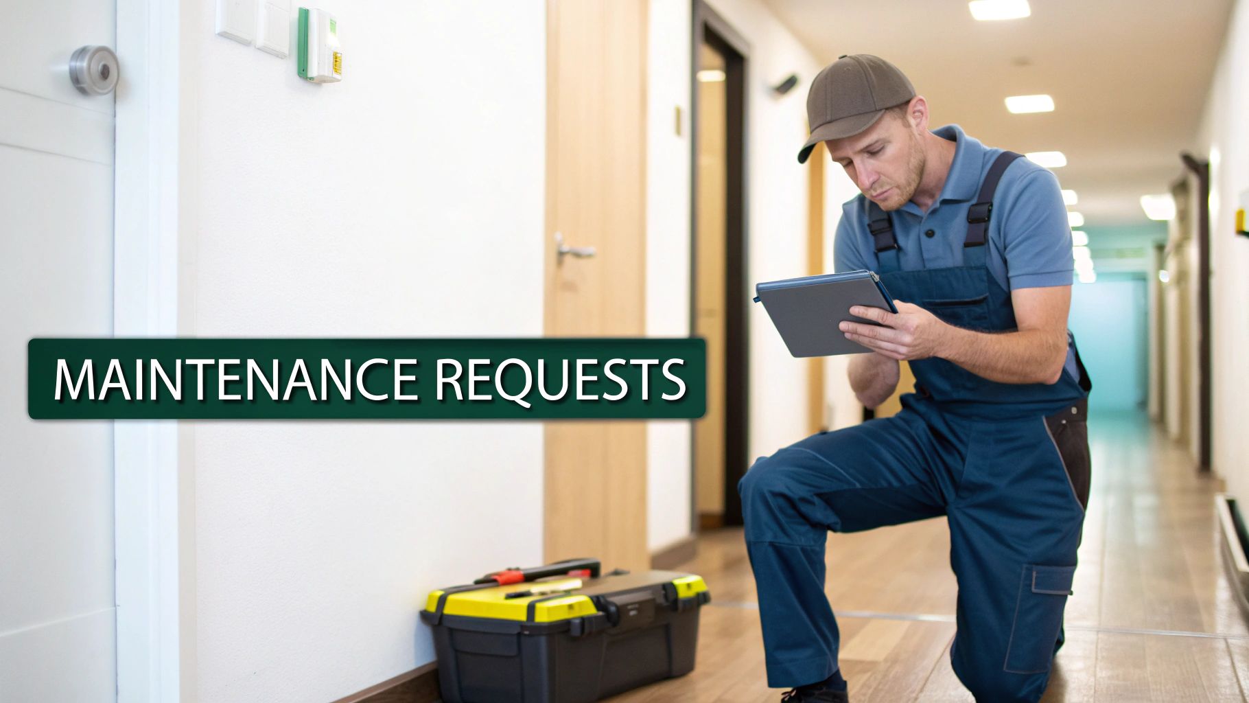 A maintenance worker in a blue uniform kneels, looking at a tablet, with a toolbox nearby.