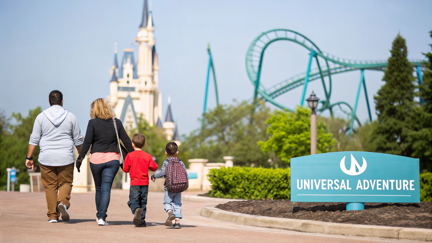 A family walks towards Universal Adventure theme park with a castle and roller coaster in the background.
