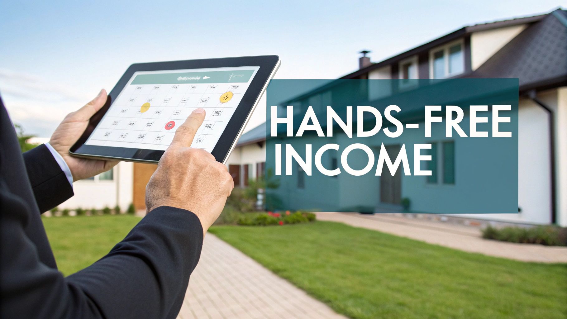 Person using a digital tablet to manage a property, with a house and 'Hands-Free Income' text in the background.