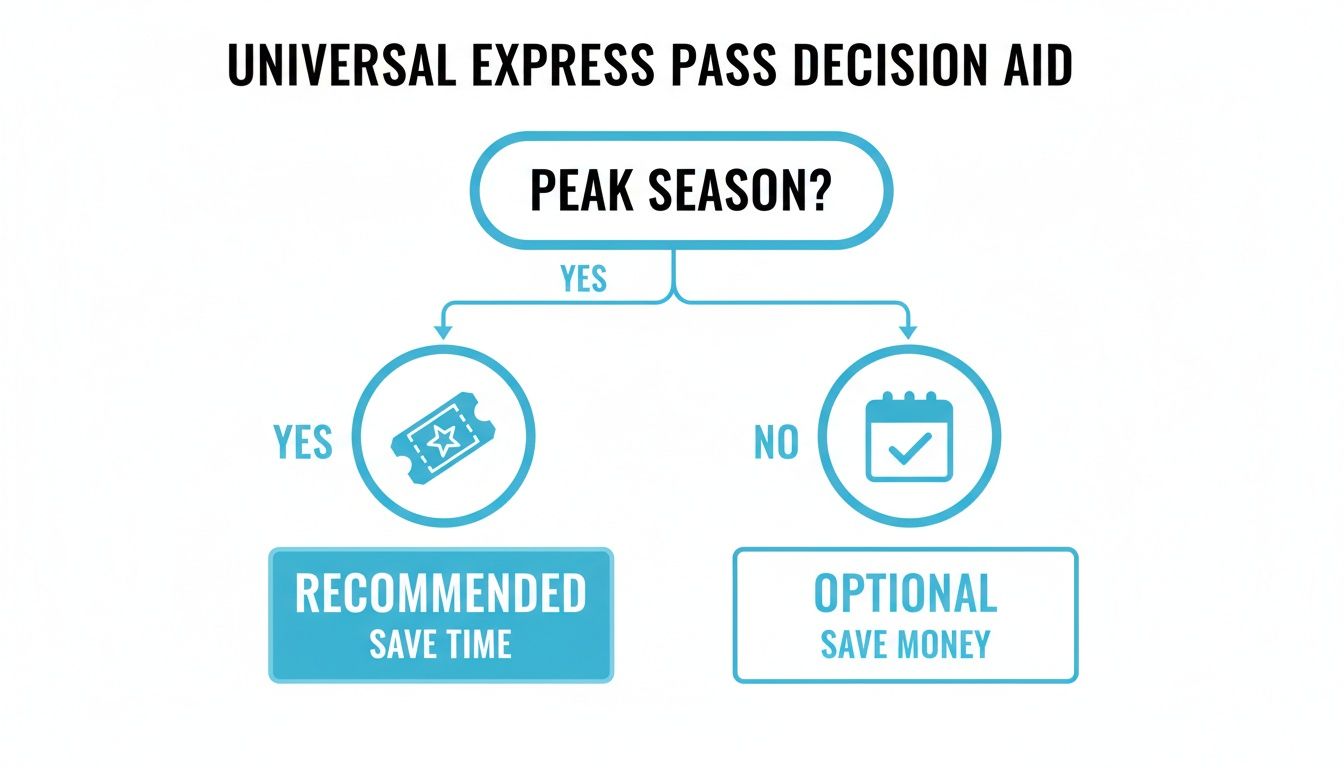 A Universal Express Pass decision aid flowchart. Recommends pass for peak season to save time, optional otherwise to save money.