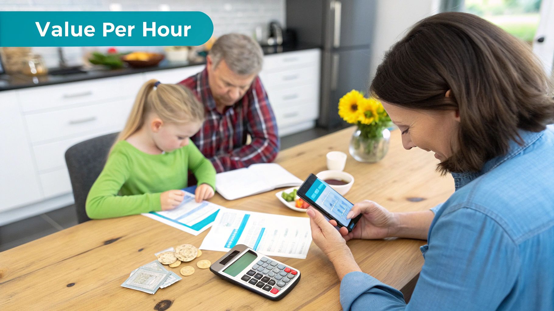 A family budgeting at home: mom uses a smartphone, dad and daughter look at papers.