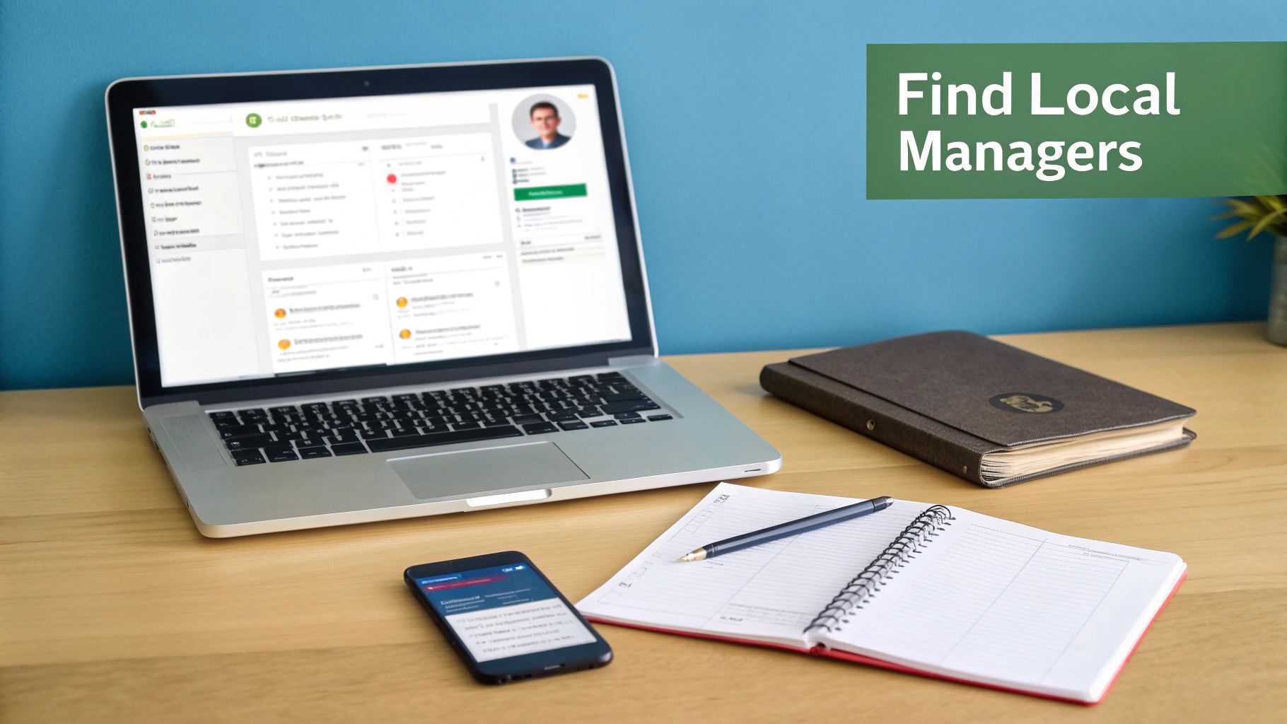 A desk with a laptop displaying profiles, a smartphone, notebooks, and a banner reading 'Find Local Managers'.