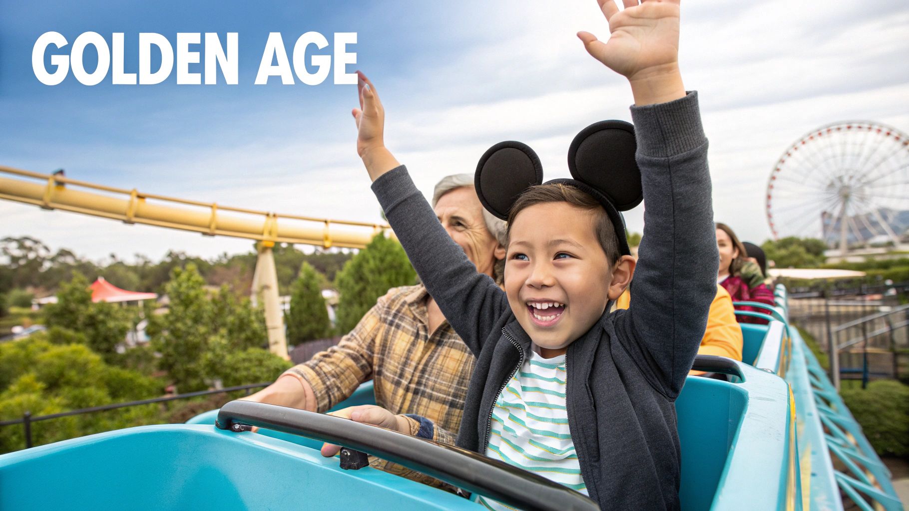 A joyful child wearing Mickey Mouse ears on a rollercoaster with an adult at an amusement park.