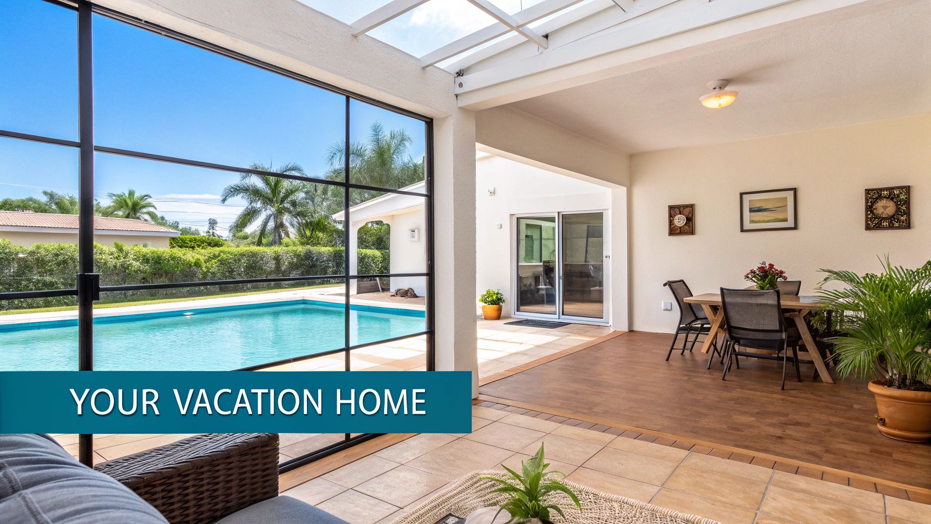 A luxurious vacation home with an indoor patio overlooking a sparkling swimming pool and lush tropical garden.