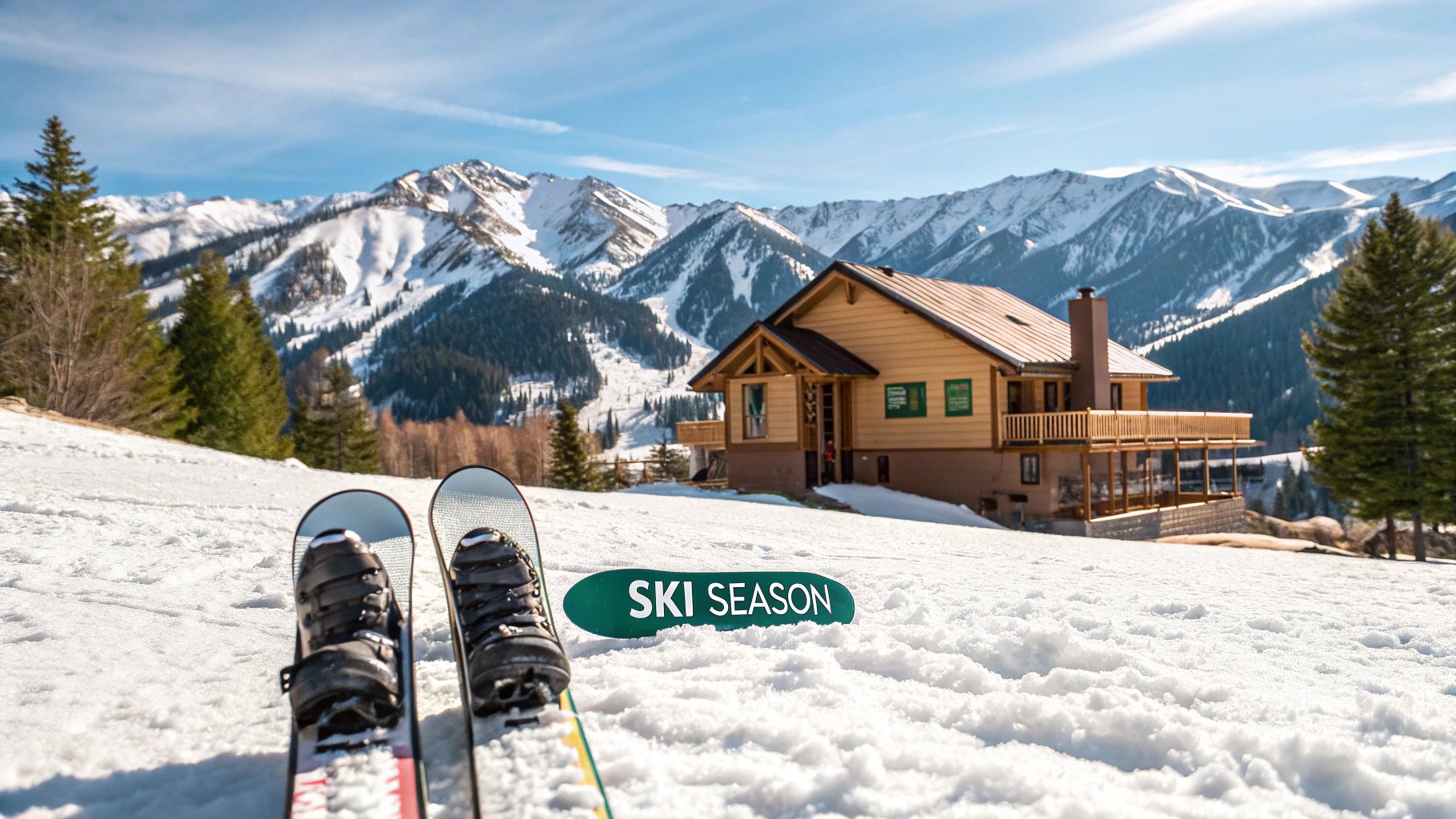 A pair of skis in the snow with a mountain ski lodge and snow-capped peaks in the background.