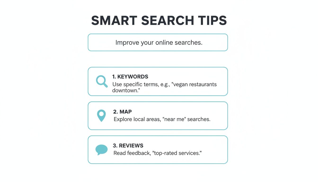 Infographic displaying smart search tips for improving online searches, covering keywords, maps, and reviews.