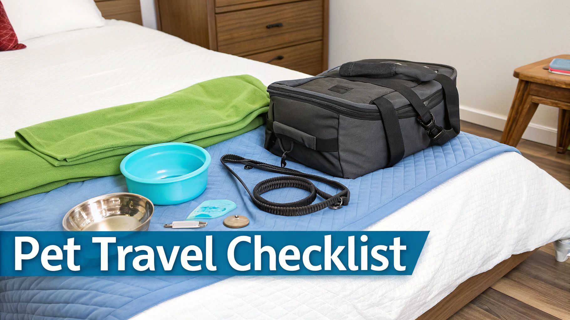 Pet travel essentials laid out on a bed, including a blanket, food bowls, leash, and a travel bag.