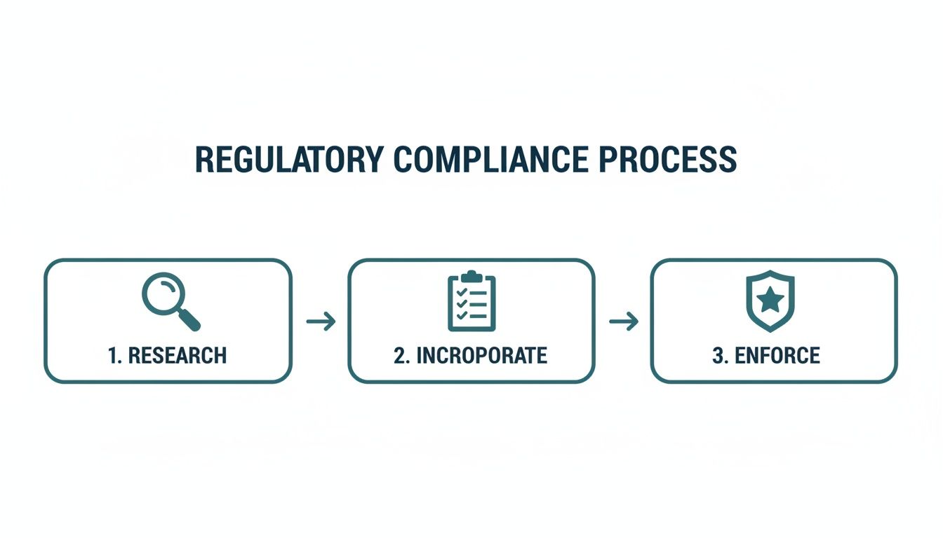 Diagram showing the three-step regulatory compliance process: research, incroporate, and enforce.