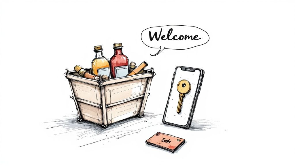 A beautifully arranged welcome basket with local treats and a handwritten note sits on a table in a vacation rental.