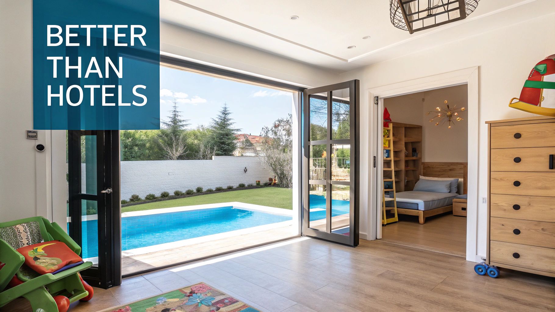 A modern vacation rental with a swimming pool, open living space, and a cozy bedroom.