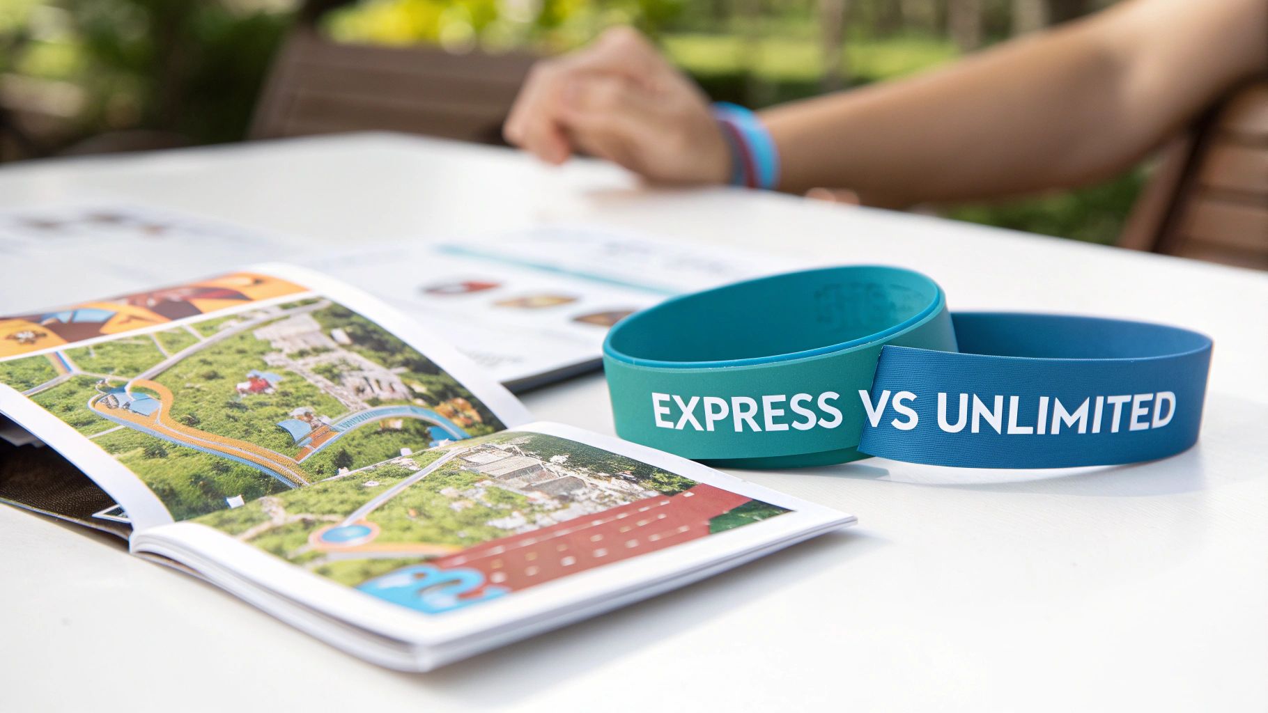 Two teal and blue wristbands, one saying 'EXPRESS VS UNLIMITED,' next to a theme park map.