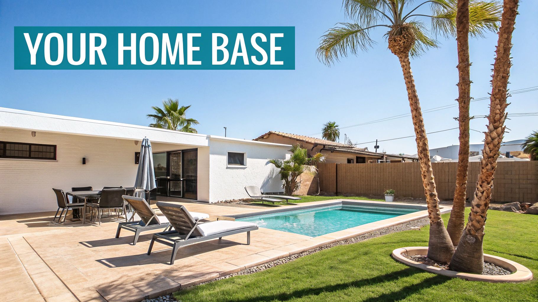 A bright backyard with a swimming pool, patio, outdoor dining set, lounge chairs, and palm trees.