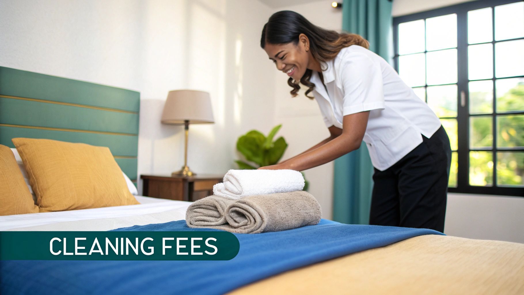 Smiling hotel staff member arranging fresh, rolled towels on a bed in a bright room.