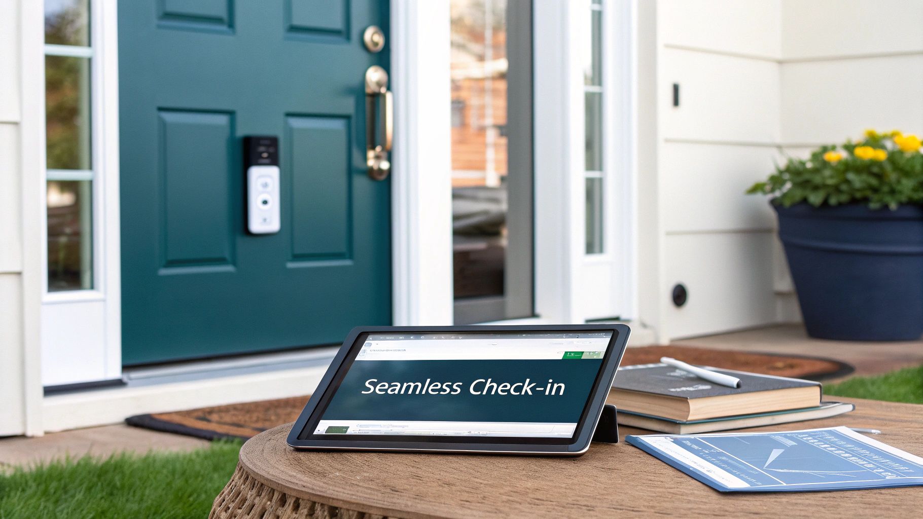 A tablet displaying 'Seamless Check-in' on an outdoor table, with a teal door and smart home tech.