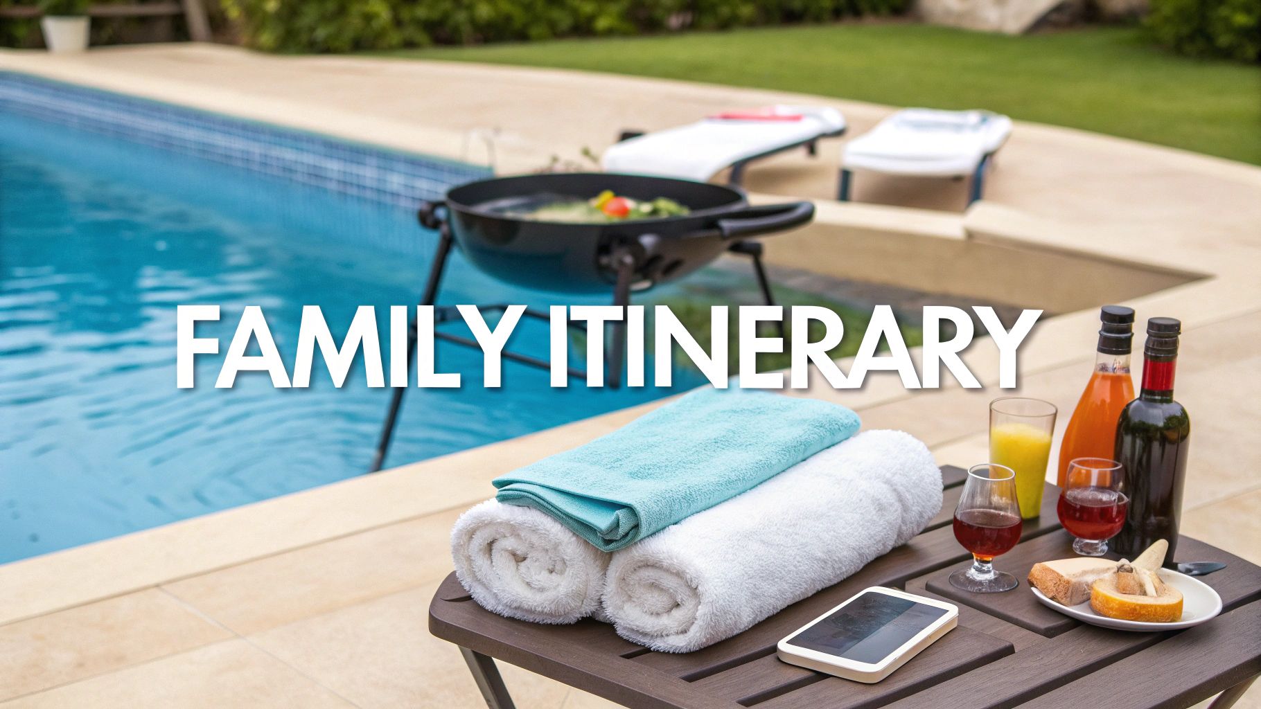 A serene poolside setting with a barbecue grill, lounge chairs, drinks, food, and towels, perfect for a family vacation.