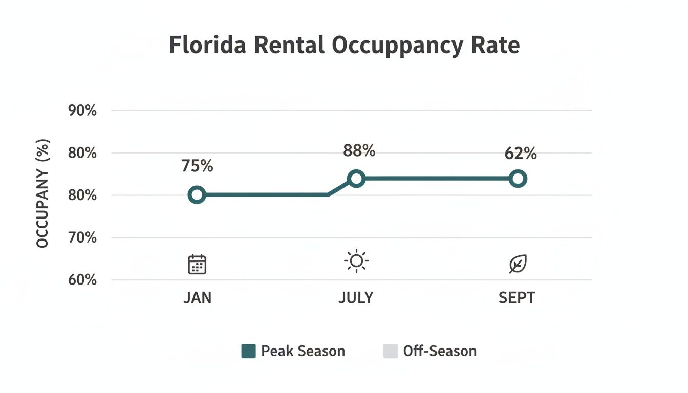 Line graph showing Florida rental occupancy rates for January (75%), July (88%), and September (62%).