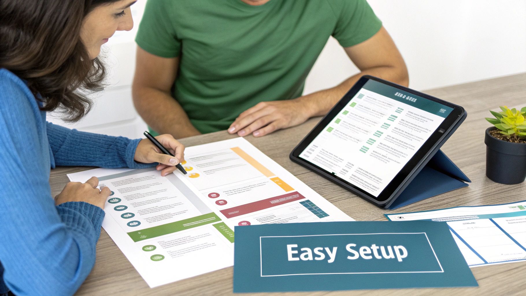 Two people reviewing vacation rental property management software setup documents on tablet and paper