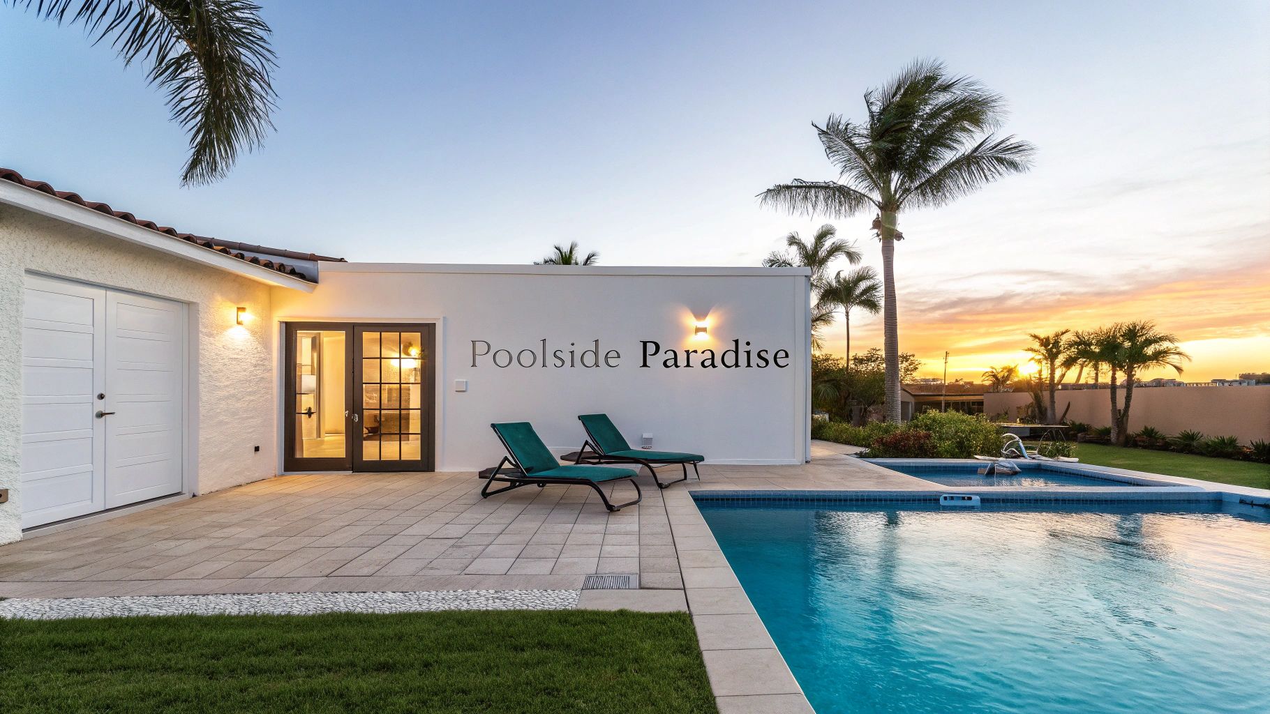 Poolside Paradise on a white building overlooking a private swimming pool and patio at sunset.