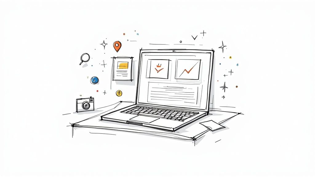 A person typing on a laptop with a small house model and keys next to it